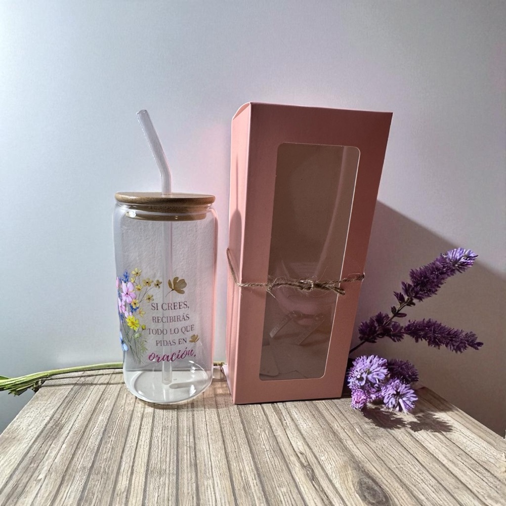 Floral Glass Art Tumbler with Straw